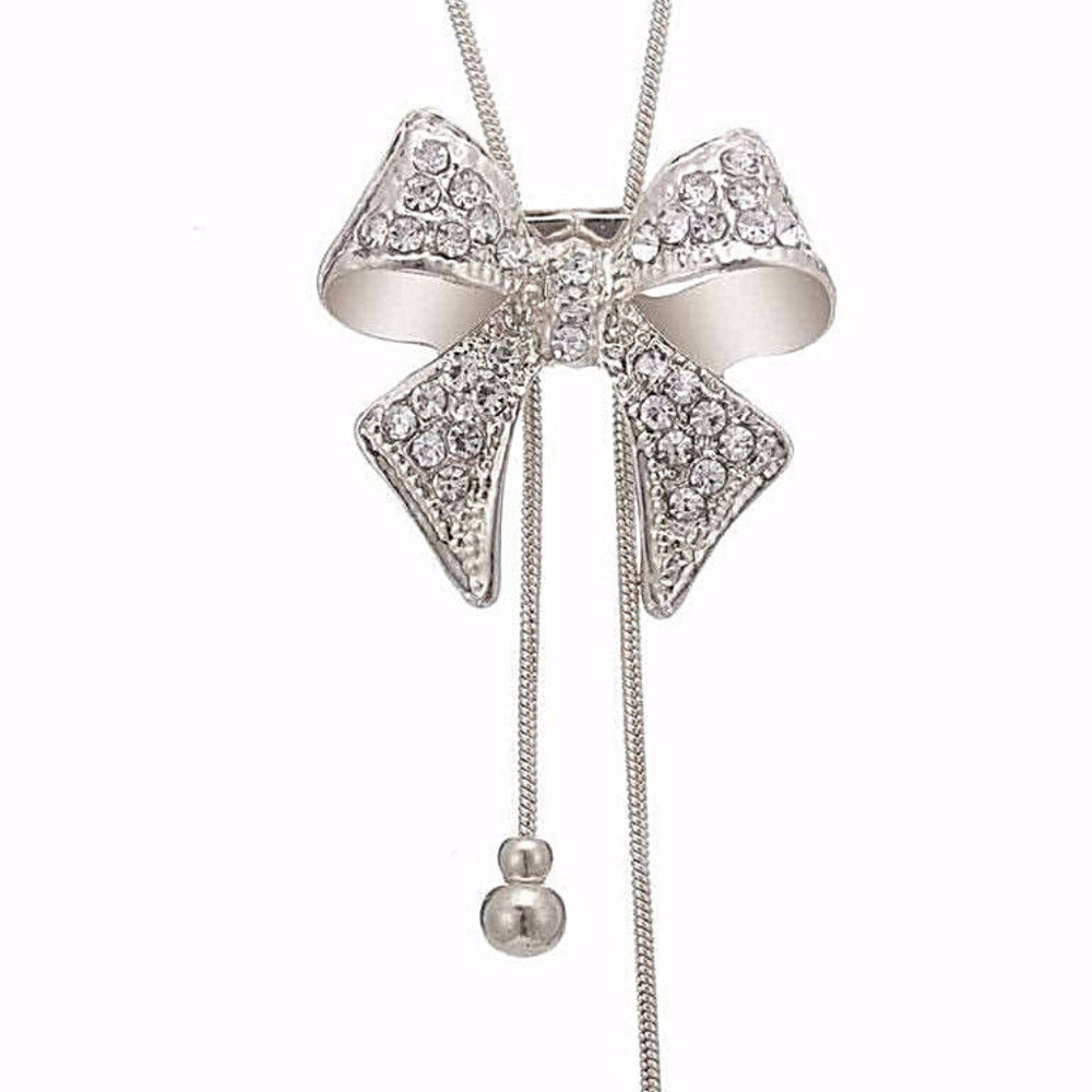 New Crystal Bow Necklace Silver Adjustable Lariat - Picture 1 of 5